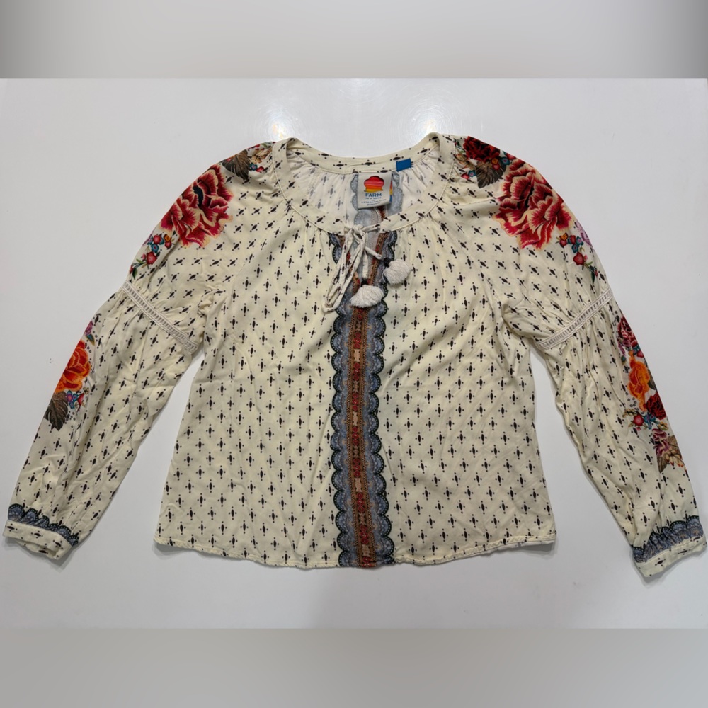 FARM Rio for Anthropologie Cream Floral Boho Long Sleeve Top